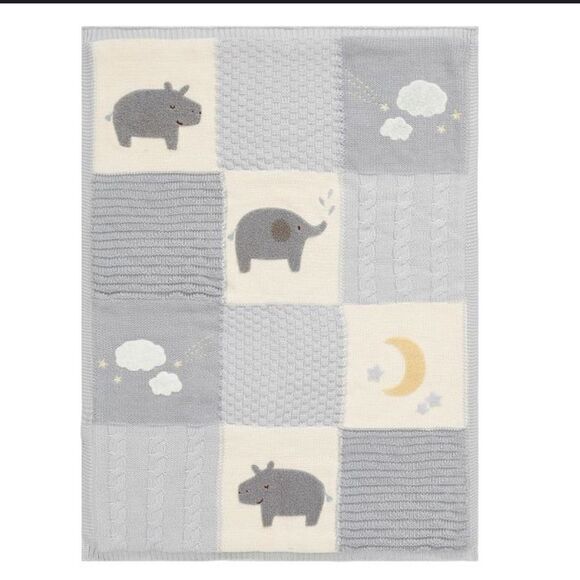 Pottery Barn Heirloom animal hippo elephant Patchwork Baby Blanket Sherpa Back